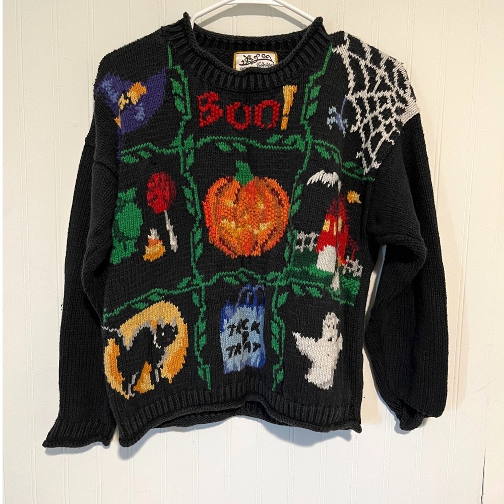 Vintage Heirloom Collectible Halloween Sweater Women S Black Spooky Embroidered